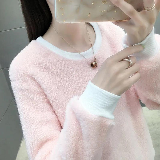 Double-sided Plush Pajamas Top Women's Pullover Plus Velvet Round Neck Bottoming Shirt Loose Autumn Winter Solid Color Home Wear Top