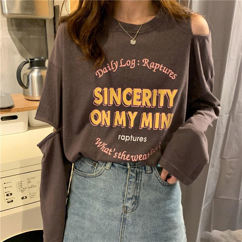 T-Shirts for Women's Fall New White printing Long Sleeve O-Neck Casual Harajuku Tops Female Tee