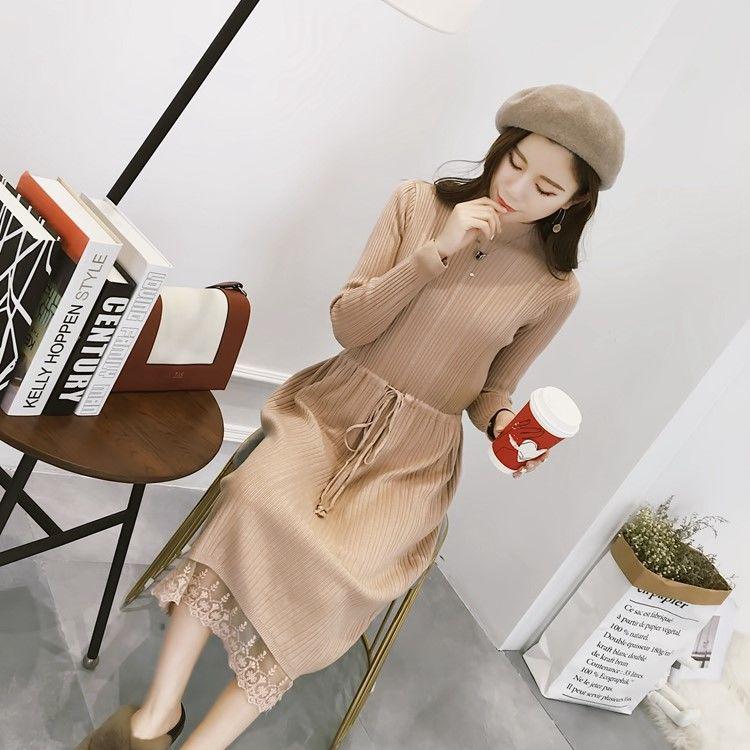 Knitted Long Lace Thick Sweater Dress Large Size Women Over Knee Loose Bottoming Knitwear