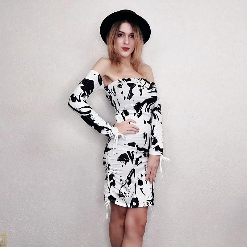 Women Sexy Off-shoulder Dress Long-sleeved  Summer High Waist A-line Dress Sexy Bodycon Dress