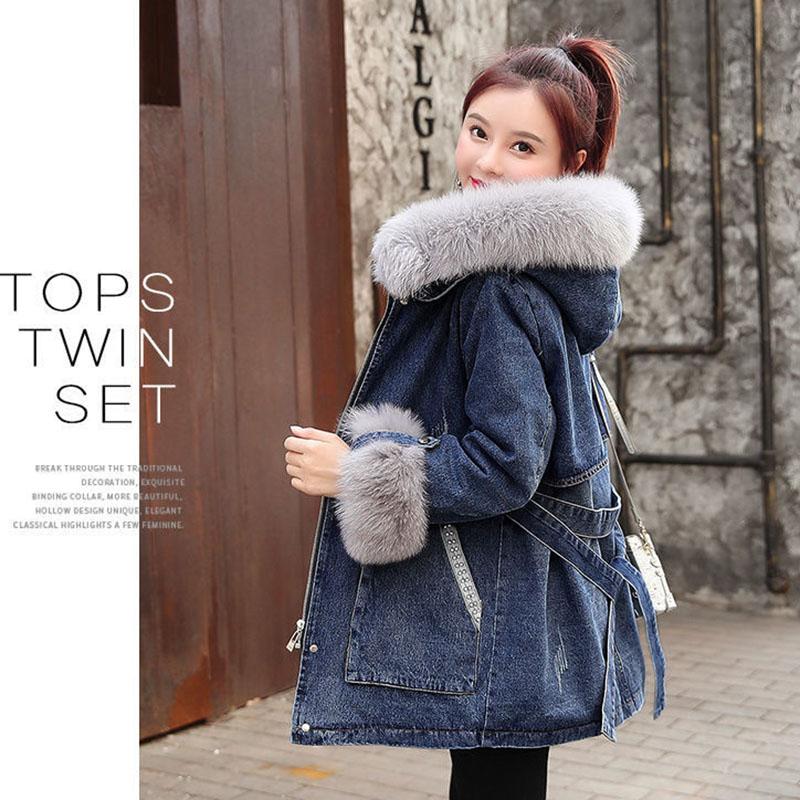 Winter Plus Velvet Thick Denim Jacket Women Loose Snow Rabbit Fur Mid-length Denim Cotton Jacket Casual Plus Size Women's Jacket