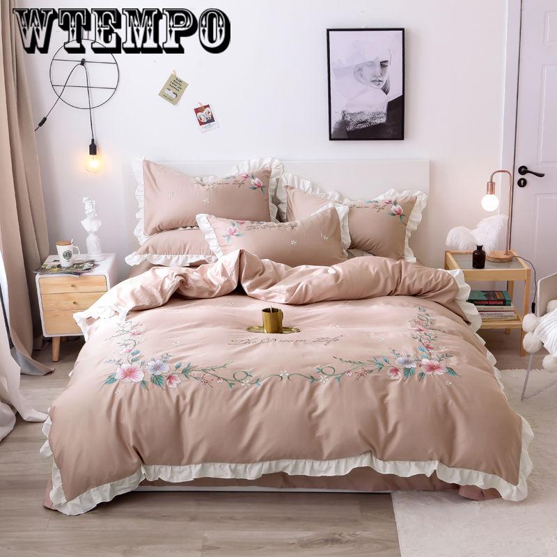 Cotton four-piece lotus leaf lace sheets comfortable cotton solid color home bedroom bedding set