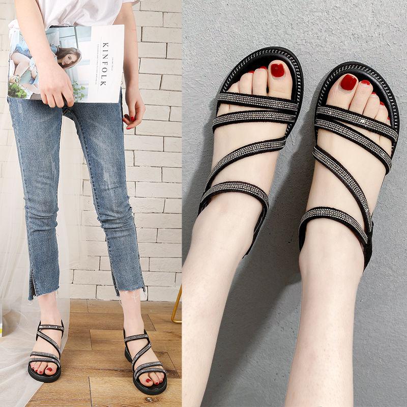 Sandals Female 2020 Roman Shoes Casual Women Summer Korean Flat Bottom Wear Rhinestone Fairy Wild Fashion Non-slip Pointed Leather Shoes
