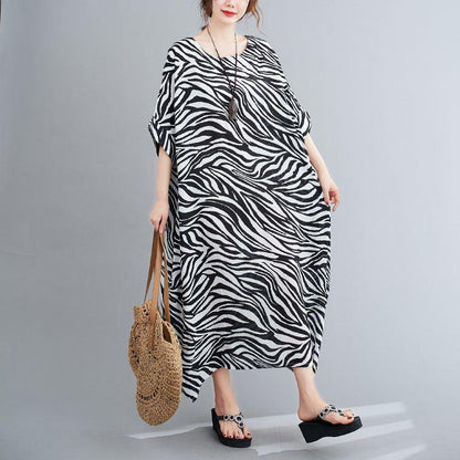 WTEMPO Zebra Pattern Plus Size Ladies Dress Summer Round Neck Long Dress Casual Mid-calf Length