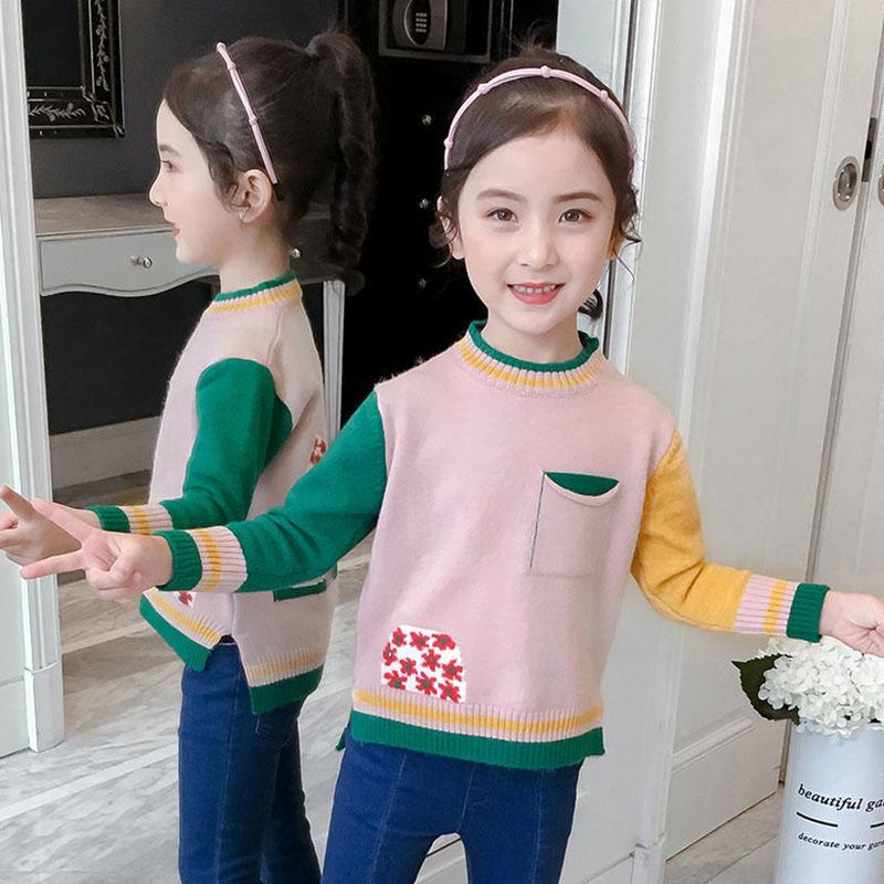 Autumn and Winter Padded Pullover Sweater for Middle and Large Children's Knitted Bottoming Shirt Color Matching Girls Top