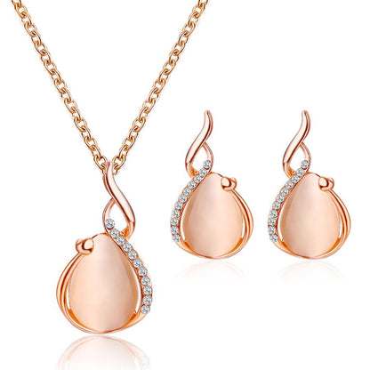 Set Jewelry Small Fresh Crystal Opal Bridal Set Necklace Earrings Simple Two-Piece Set