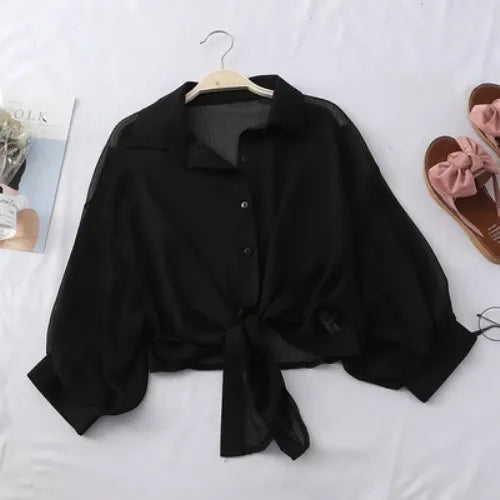 Summer Shirt Half Sleeve Buttoned Up Loose Casual Blouse Chiffon Shirts Women Tied Waist Elegant Blouses for Women