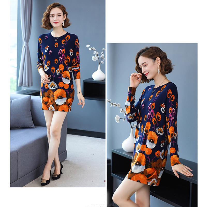 Mid-length Autumn and Winter Women's Printed Sweater Round Neck Casual Sweater Fashion Casual Long Sweater