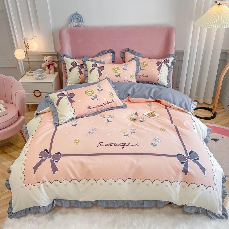 Naked Sleeping Sanded Four-piece Super Soft Korean Style Washed Cotton Bed Linen Quilt Cover Bedding