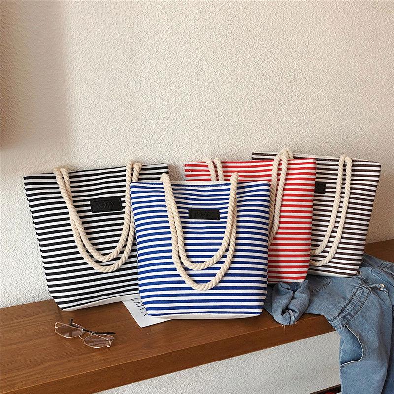 Canvas Bag Ladies Shoulder Bag College Style Striped Portable Handbags Leisure Shopping Handbags