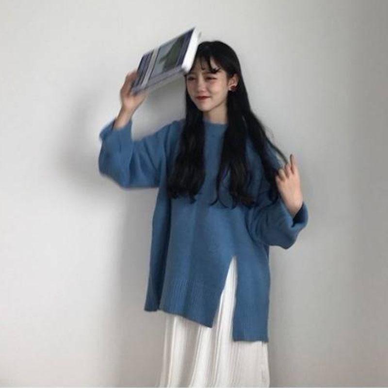 Pofulove Autumn Winter Solid Color Round Neck Sweater Schoolgirl Wide Loose Fork Base Sweater Shirt