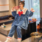 Women's Winter Pajamas Set Cute Bow Large Neckline Thickened Coral Plus Velvet Suit Plush Home Wear Flannel Suit Lovely Cartoon Set