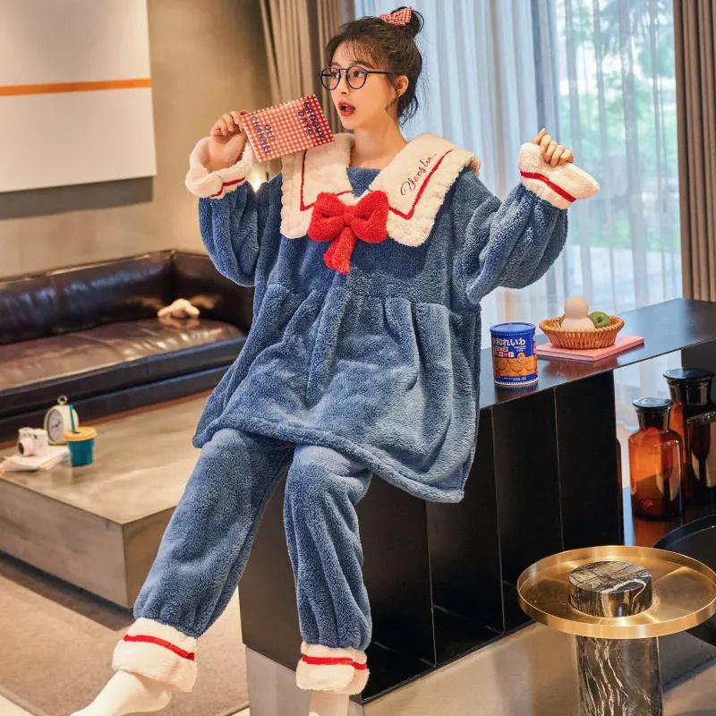 Women's Winter Pajamas Set Cute Bow Large Neckline Thickened Coral Plus Velvet Suit Plush Home Wear Flannel Suit Lovely Cartoon Set