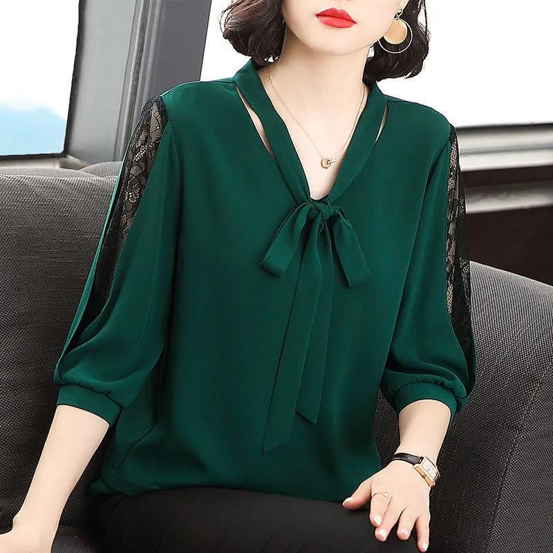 Women's Spring and Autumn Long-sleeved Chiffon Shirt Large Size Loose Solid Color Lace-up Top