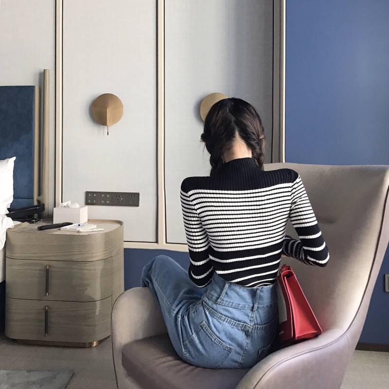 Pofulove Inner Net Red Sweater Bottoming Blouse Korean Slim Turtleneck Striped Long Sleeve Sweater