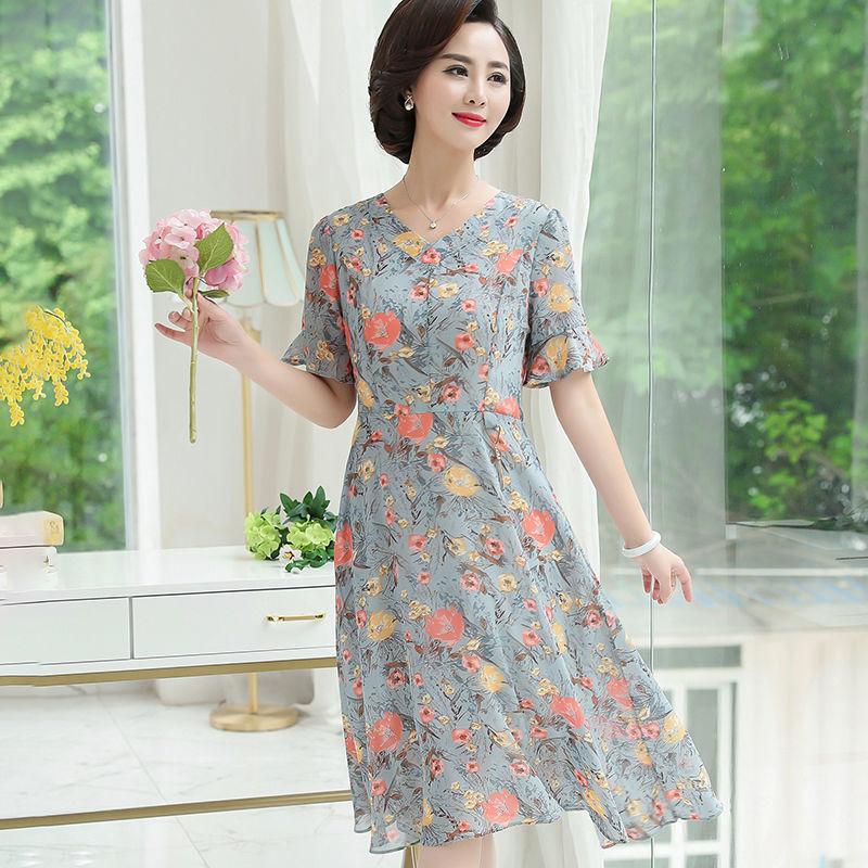 Summer Chiffon Dress Short-sleeved Round Neck Temperament Women's Knee-length Skirt Fabric Light and Breathable Ladies A-line Dress
