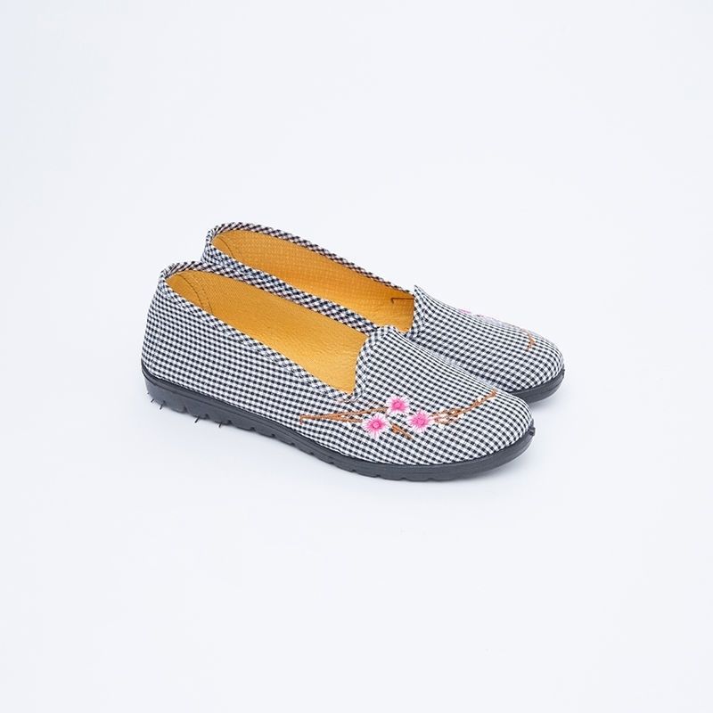 Middle-aged and Elderly Canvas Plaid Single Shoes Flat Shallow Mouth Cloth Shoes Breathable Comfortable Women's Shoes