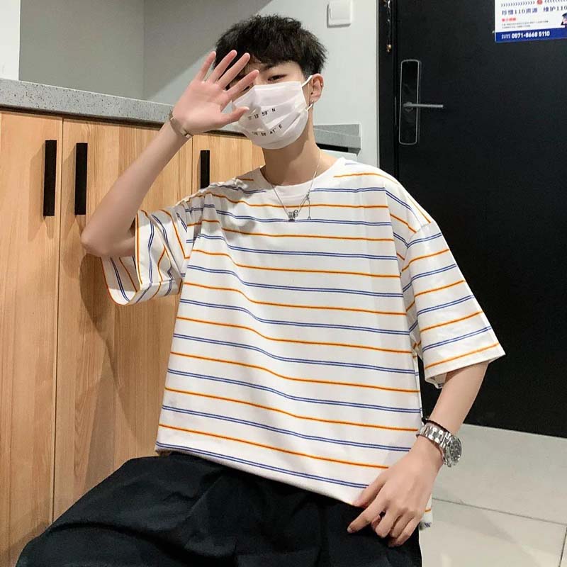 Pure Cotton Short-sleeved T-shirt Men's Summer Loose Striped Five-point Sleeve Student Short-sleeved Shirt