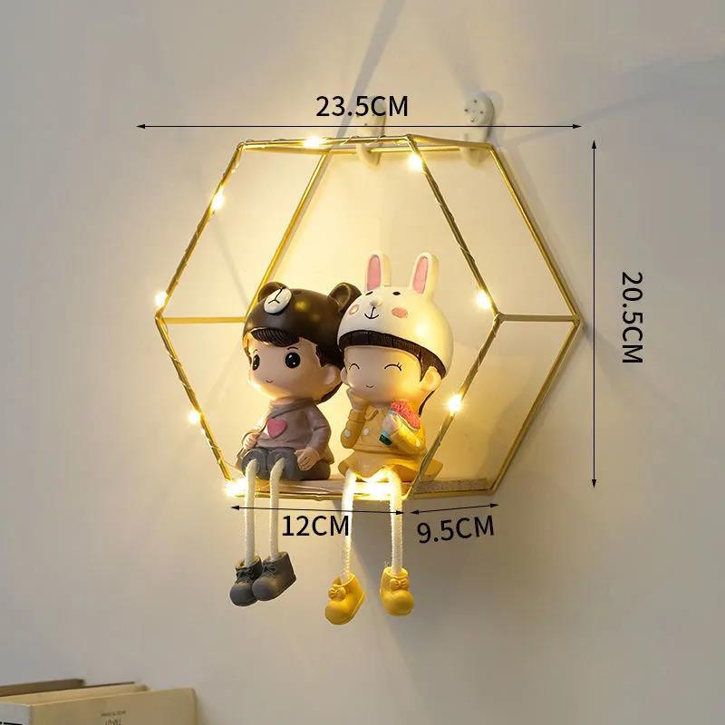 Hexagon Art Storage Shelf Living Room Metal Display Platform Wall Mounted Decorative Rack with Light Strip