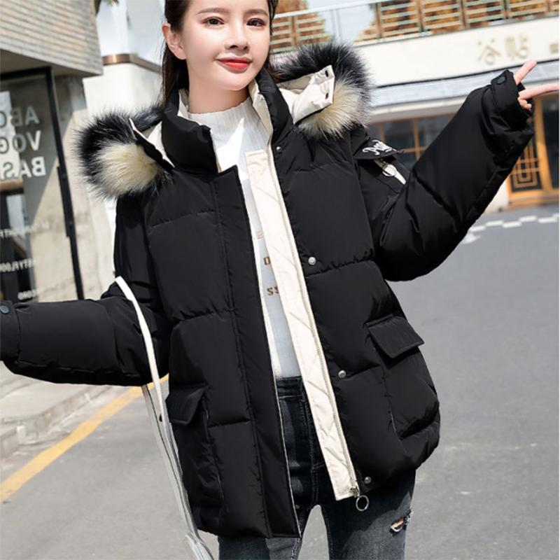 Women's Solid Color Down Jacket Regular Korean Loose Thick Coat Warm Cotton Coat Big Fur Collar Winter Clothes Quilted Coat