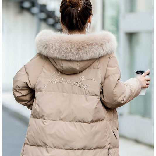 Women's Mid-length Down Jacket Thicker Artificial Large Fur Collar Loose New Ladies Long Down Jacket