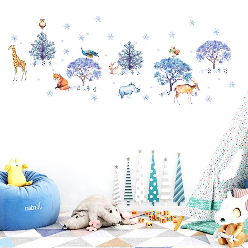 New Cartoon Animal Snow Forest Christmas Tree Decoration Wall Stickers For Kids Room Living Room Art