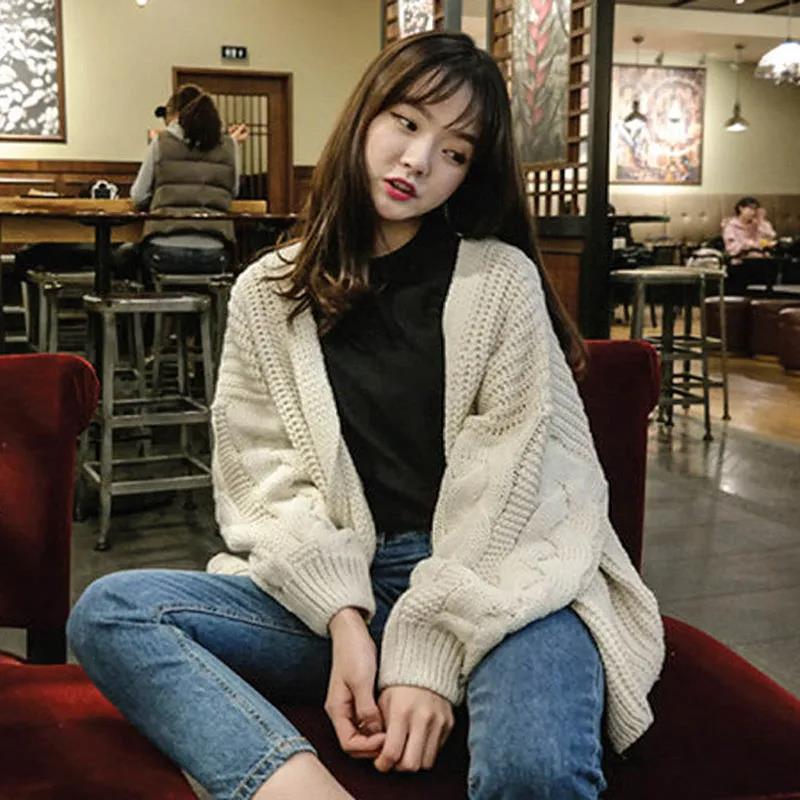 Women's Autumn and Winter Sweater Cardigan Chic Korean Loose Long-sleeved Twist Knit Solid Color Sweater