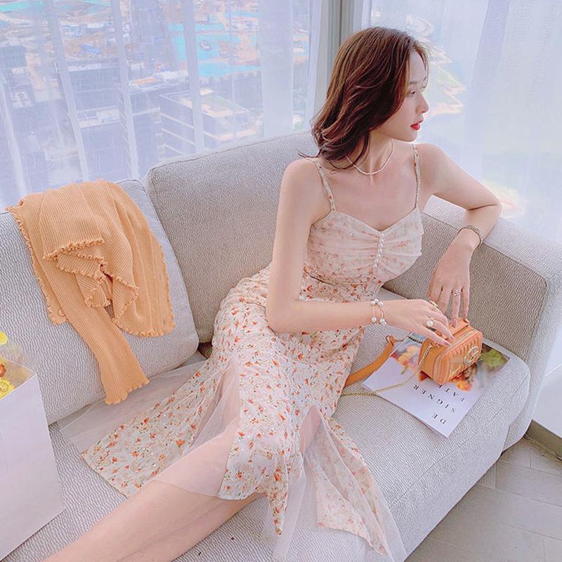 Floral Sling Dress Female Spring Summer Casual V-neck Sleeveless Mid-length Casual  Comfortable