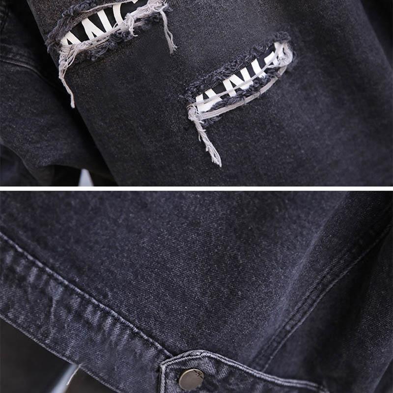 Loose Hooded Denim Jacket Women's Spring and Autumn Models with Broken Holes Embroidered Thin Black Jacket Top Trend