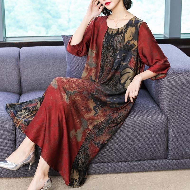 Chinese Style L-XXXXXL Women's Summer Dress Middle-aged 3/4 Sleeve Round Neck Printing Length to calf Daily Wear Homewear