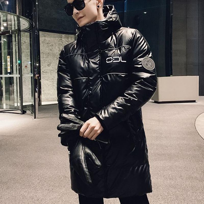 Shiny Cotton Coat Men's Mid-length Hooded Zipper Thickened Solid Color Slim Down Cotton Coat Winter Outdoor Cotton Jacket