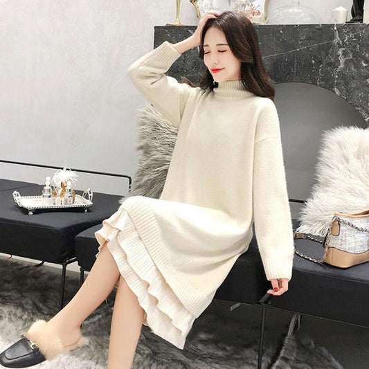 Autumn and Winter Plus Size Mid-length Dress Mid-length Thick Loose Base Skirt Half High Neck Knitted Sweater Dress