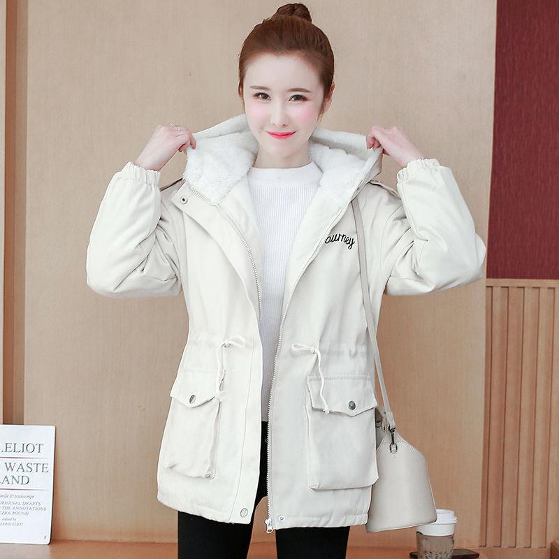 Autumn Winter Women Hooded Parka Jacket Short Thickened  Casual Loose Drawstring Windbreaker Jacket Plus Velvet Parka Coat
