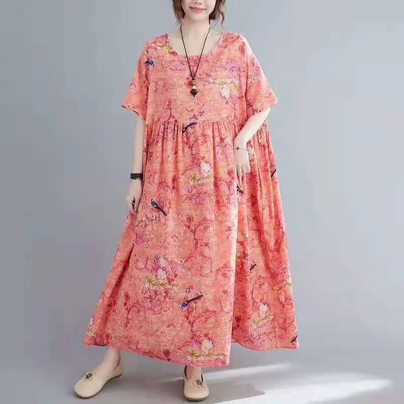 Women's Clothing Long Dress with Pockets and Big Swing Summer Plus Size Loose and Thin Retro Short-sleeved