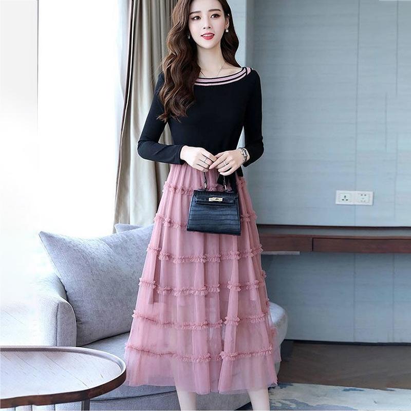 M-XXXL Summer Printing Stitching Polyester Chiffon Laced Bow Neckline Round Elastic Waist Mid-calf A-line Dress