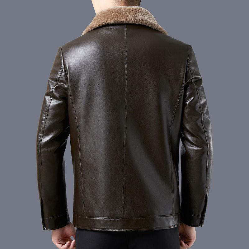 Young Men's Slim Men's Leather Jacket  Fashion Plus Velvet Thick Lamb Wool Jacket