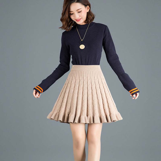 Autumn and Winter Ladies Fashion Warm Umbrella Skirt Knitted Skirt Short Skirt Ruffled High Waist Tutu Skirt Bottoming Woolen Skirt