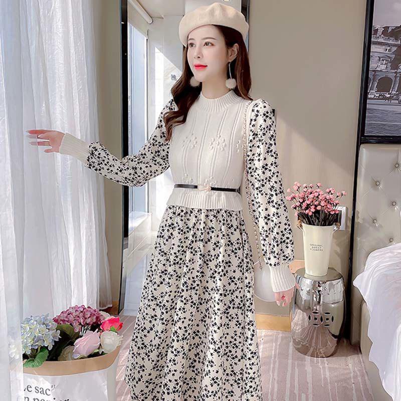 Women's Autumn and Winter Sweet Lady Stitching Knitted Long Dress Long Sleeve Half High Collar Women Casual Floral Print Elegant  Dress