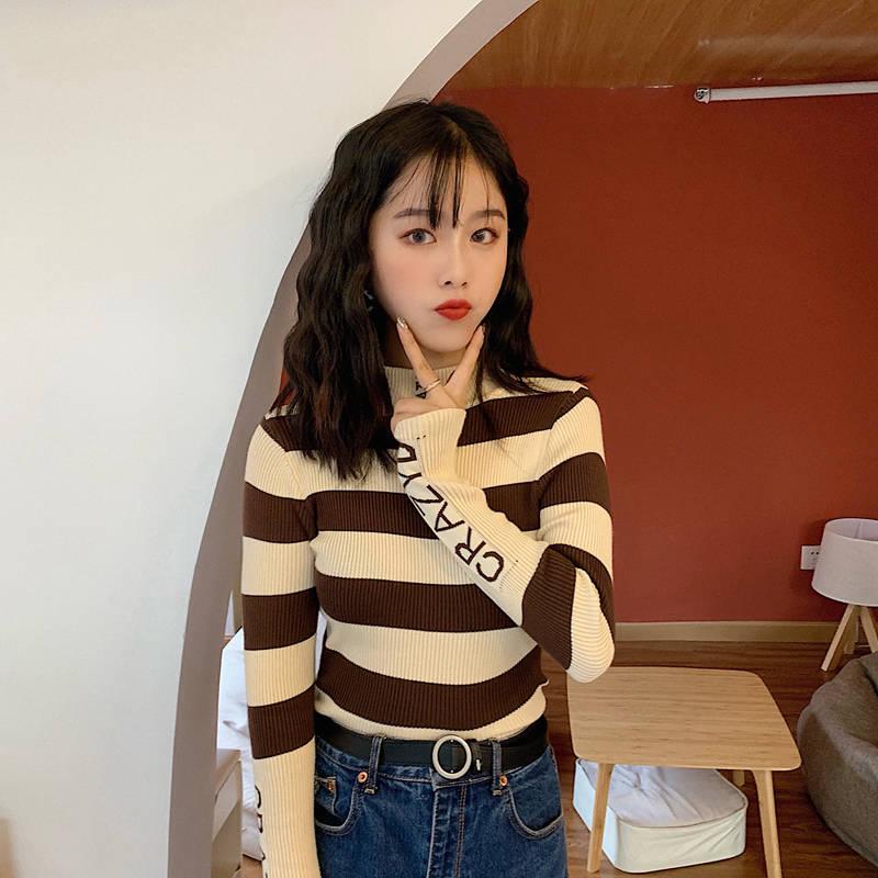 Pofulove Black and White Striped Sweater Women's Winter Pullover Letter Pullover Undershirt