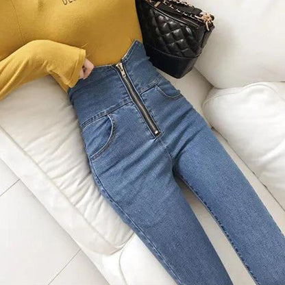 Women's Spring and Autumn High-waisted Thin Feet Pencil Pants Girls All-match Elastic Skinny Jeans