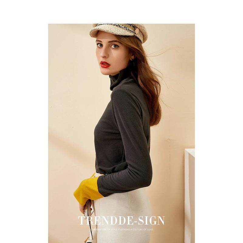 Women's High Neck Knitted Shirt Skin-friendly Breathable Stitching Color Bottoming Shirt Pull Over High Collar Loose Fit Long Sleeves T-shirt Basic