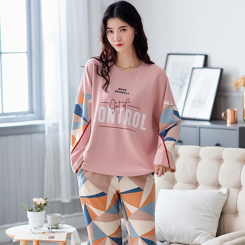 Women Pajamas Set Cotton Pyjamas Suit Long Sleeve Sleepwear Loose Casual Nightwear Spring Autumn Tops and Pants Sets Pullover Round Neck Cute