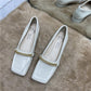 British Style Retro Shallow Mouth Low-heeled Shoes Women's Square Toe Metal Chain Thick Heel Leather Shoes Loafers Work Shoes