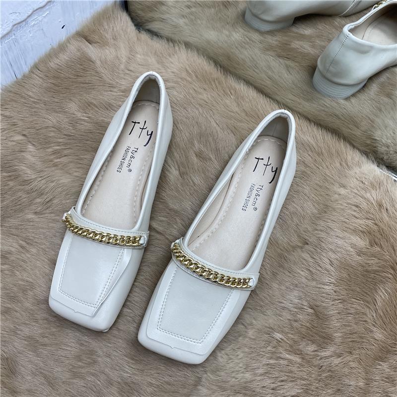 British Style Retro Shallow Mouth Low-heeled Shoes Women's Square Toe Metal Chain Thick Heel Leather Shoes Loafers Work Shoes
