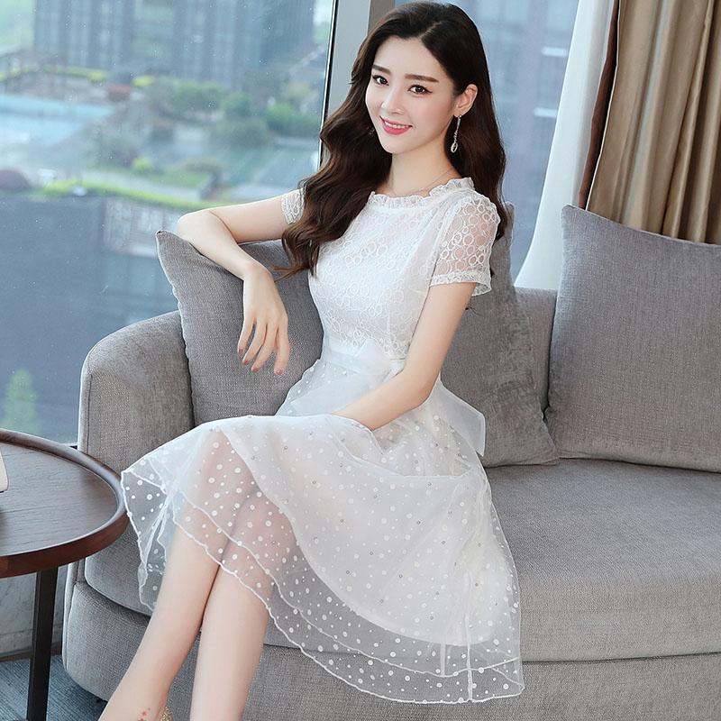 Summer Black Red White Lace Sexy Evening Sun Dress Hollow Out O-neck Ladies Party Club Dress