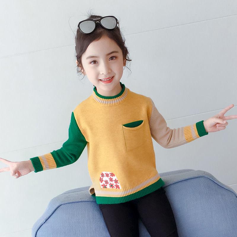 Autumn and Winter Padded Pullover Sweater for Middle and Large Children's Knitted Bottoming Shirt Color Matching Girls Top