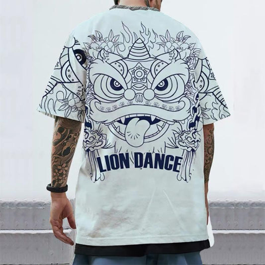 Fashion Lion Dace Large Size Loose Short Sleeve Crew Neck Men Summer Printing Sport T Shirt