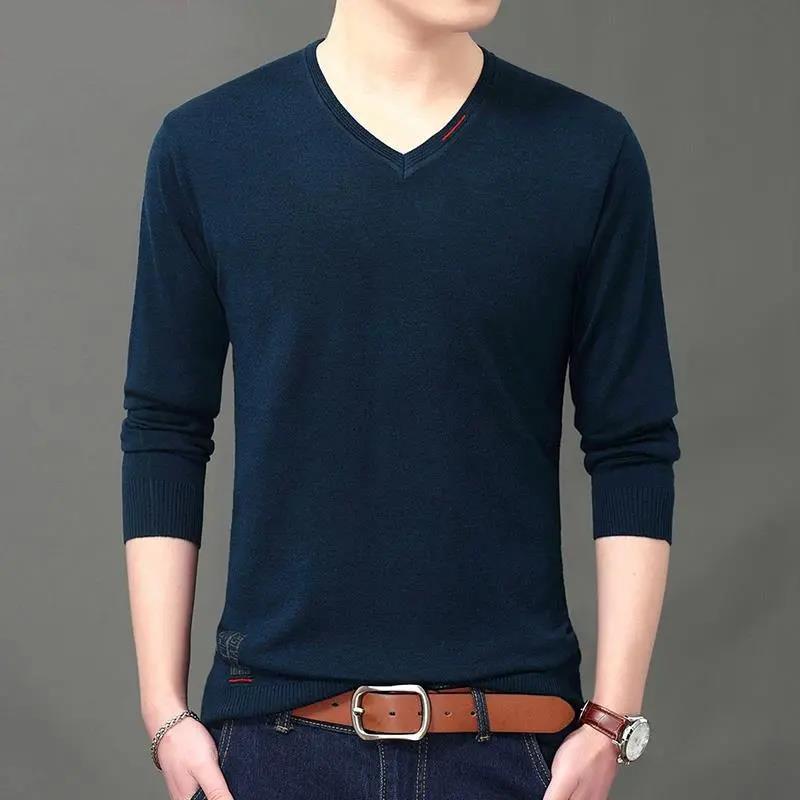 Thin Men's Long-sleeved V-neck Loose Warm and Comfortable Inner Knit Bottoming Shirt