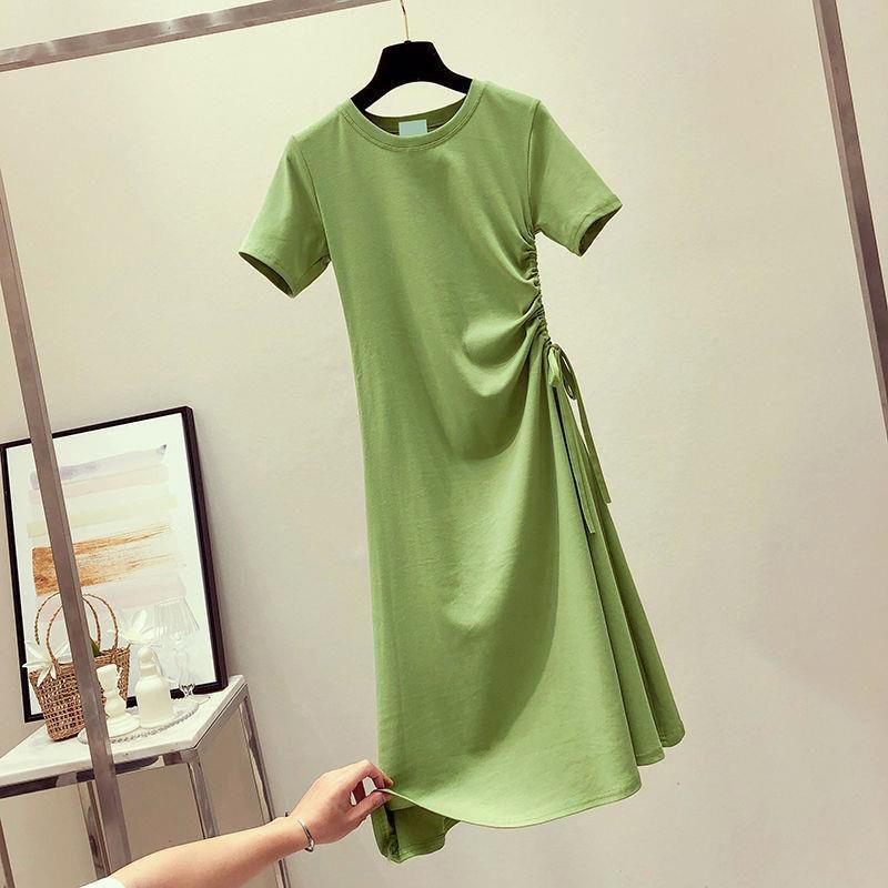 Ladies Mid-length  Round Neck Slim Base Short Sleeve Loose and Casual Solid Color Roped Drawstring Dress
