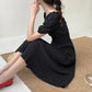 Women's Summer Puff Sleeve Dress Solid Color Chiffon Slim V-neck Long Skirt